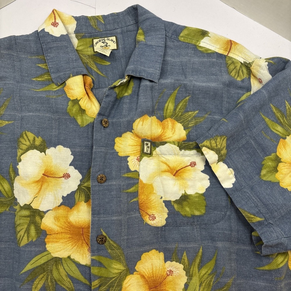 The Original Island Sport‎ Shirt Large Linen Blend Floral Short Sleeve Button Up